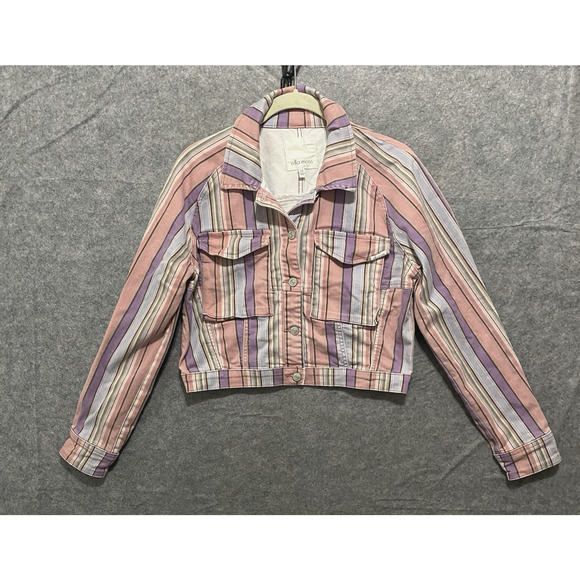 Ella Moss‎ Denim Crop Jacket Girls Juniors M Purple Pink Striped Retro Y2K - Picture 1 of 7